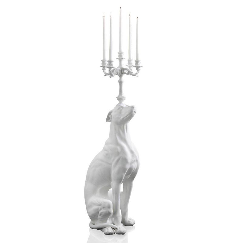Statua candelabro bianca cane levriero